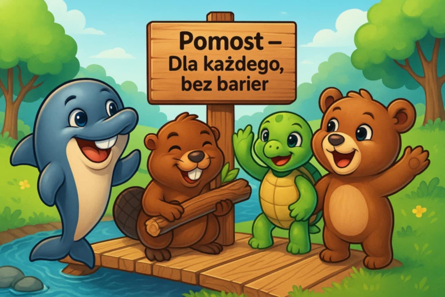 Bohaterowie stoją na gotowym pomoście obok tablicy Pomost – Dla każdego, bez barier