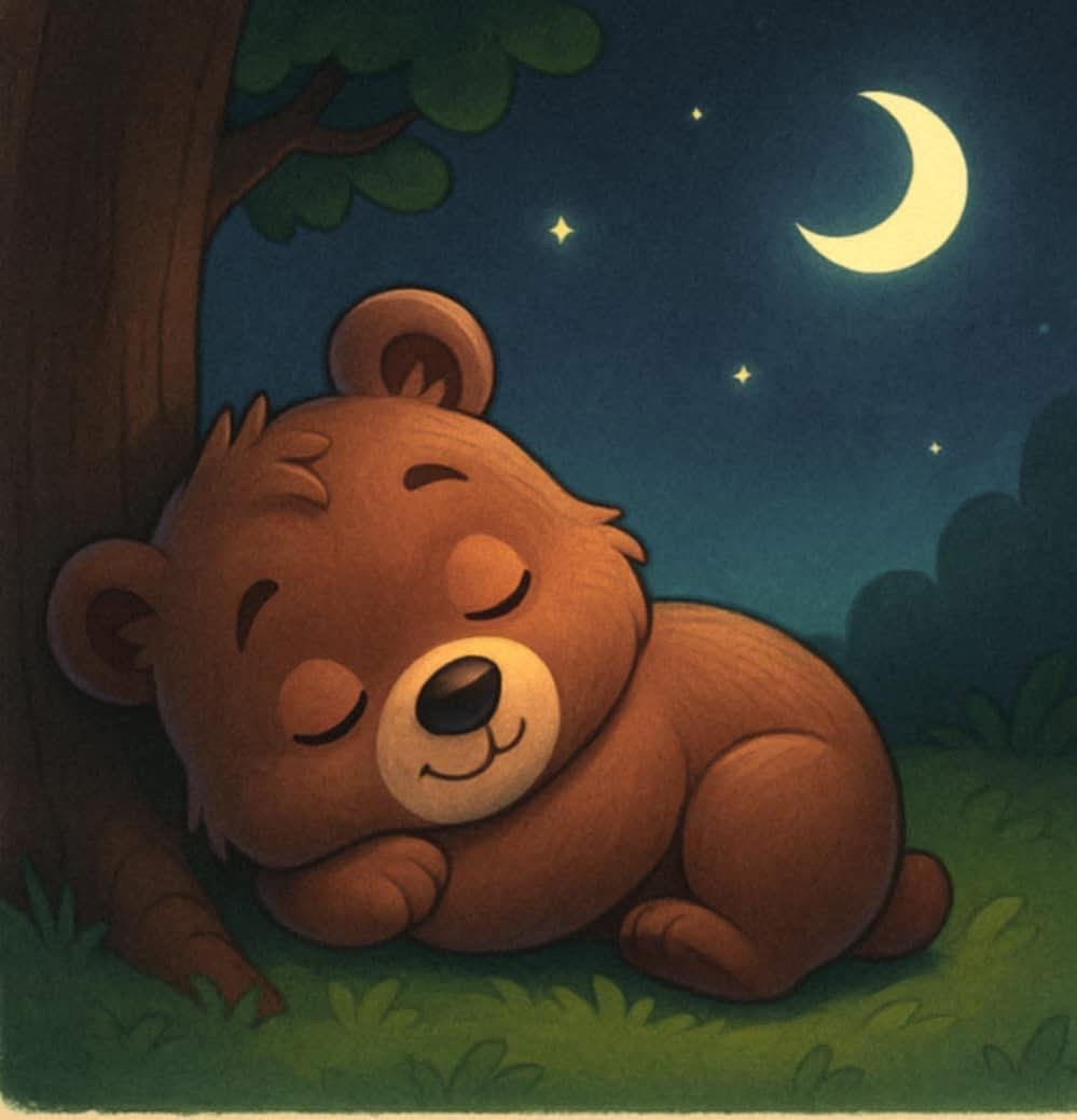 Lulo śpi spokojnie pod drzewem przy blasku księżyca