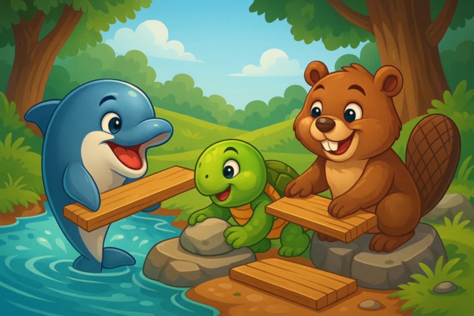 Nubo, Tari i Bomo rozpoczynają budowę pomostu nad potokiem