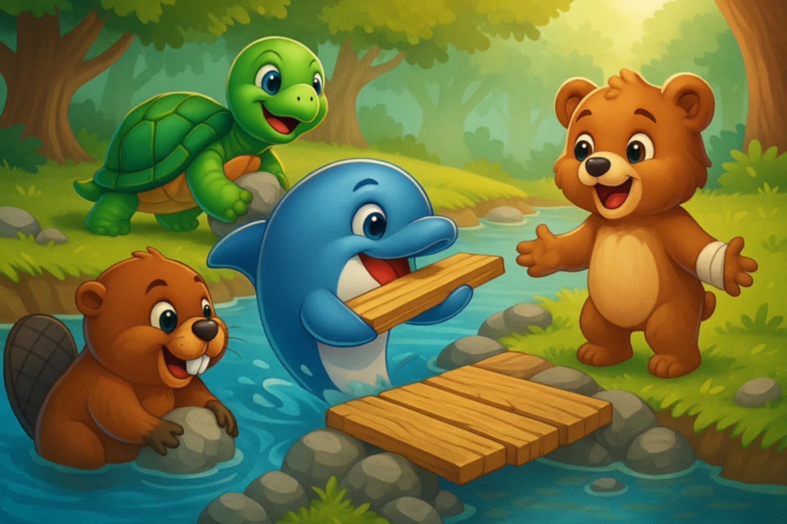 Budowa pomostu z drewna i kamieni trwa, a Lulo patrzy z zachwytem