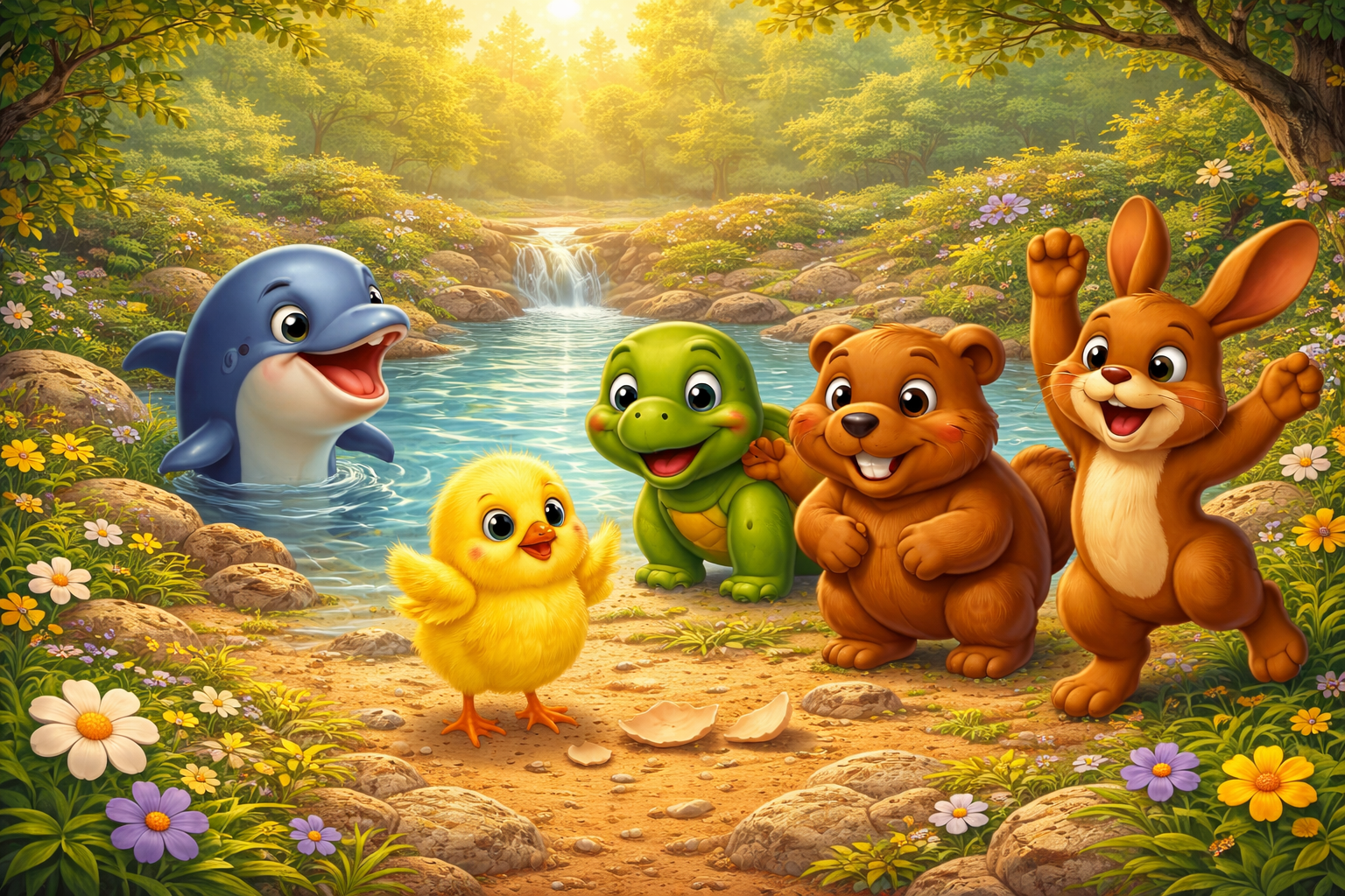 Kurczaczek dziękuje bohaterom, a Kicko podskakuje z radości