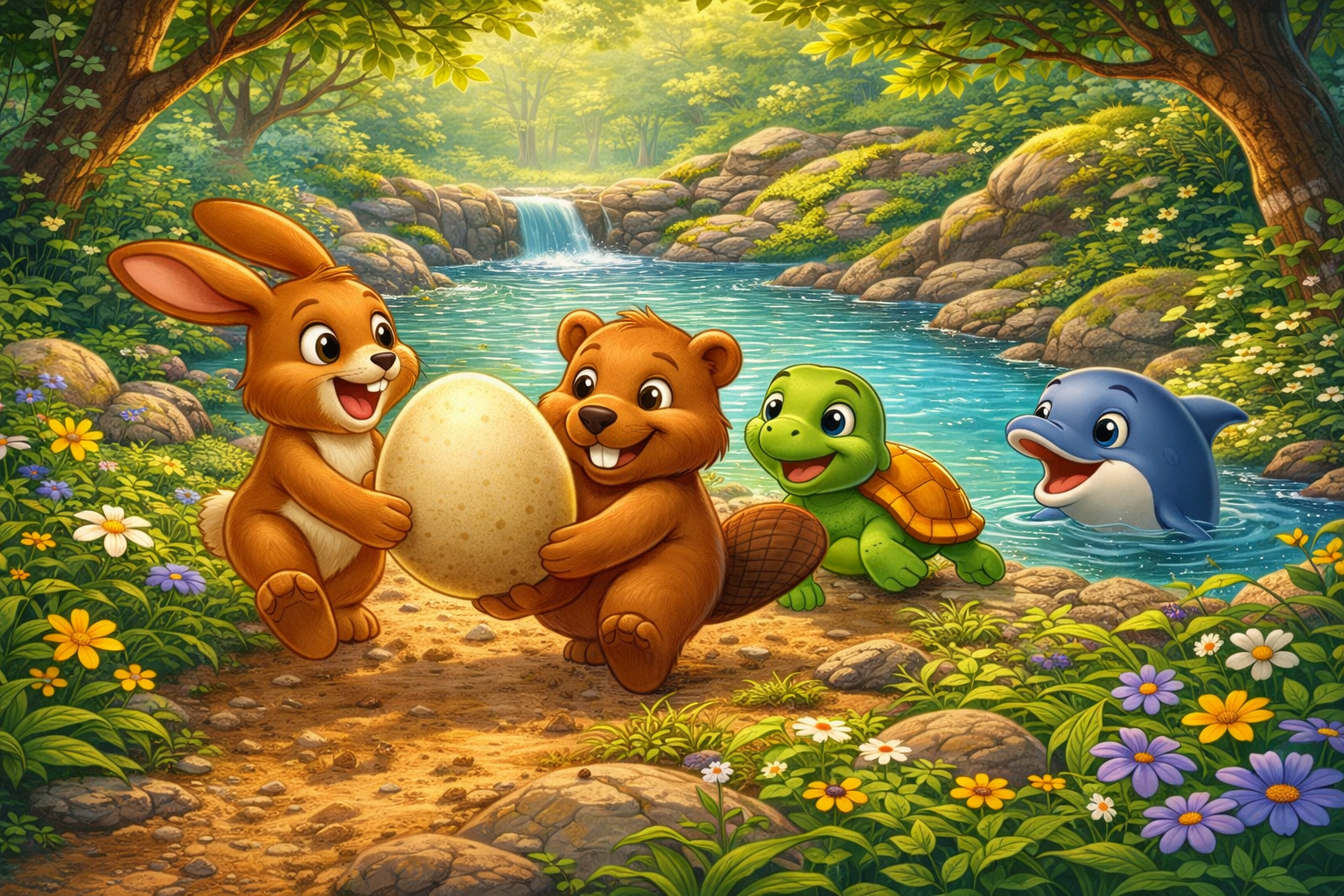 Przyjaciele niosą jajeczko do ciepłego źródełka