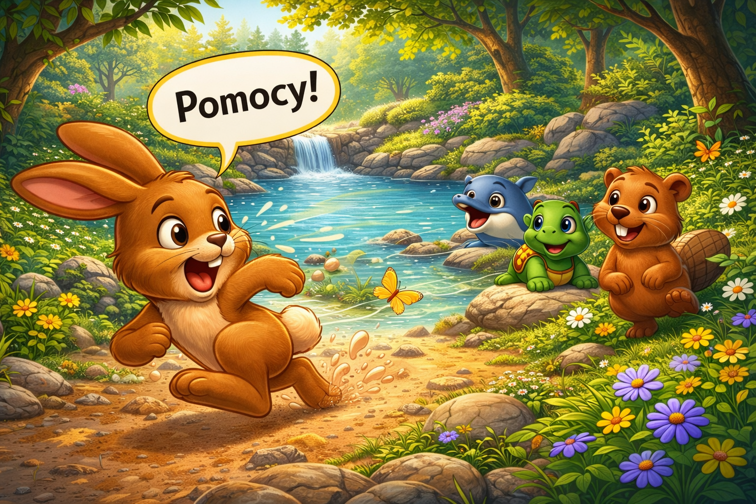 Kicko biegnie nad wodę i woła o pomoc