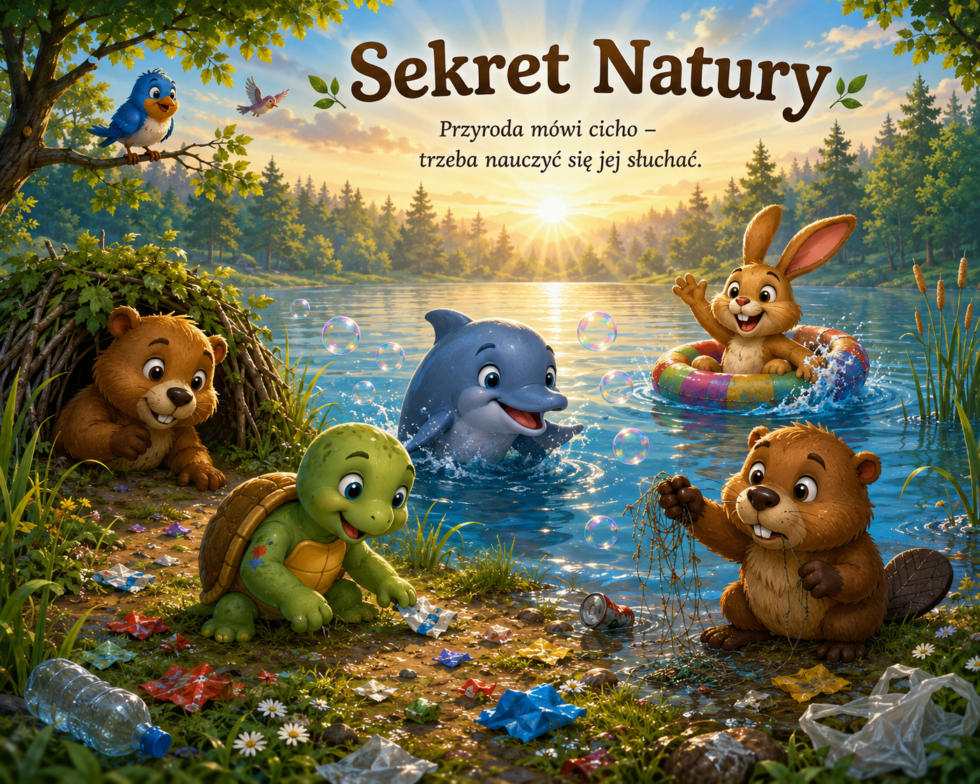 Sekret Natury - poranek nad jeziorem w Krainie Taka, Lulo, Kicko, Nubo, Bomo i Tari zauważają kolorowe śmieci